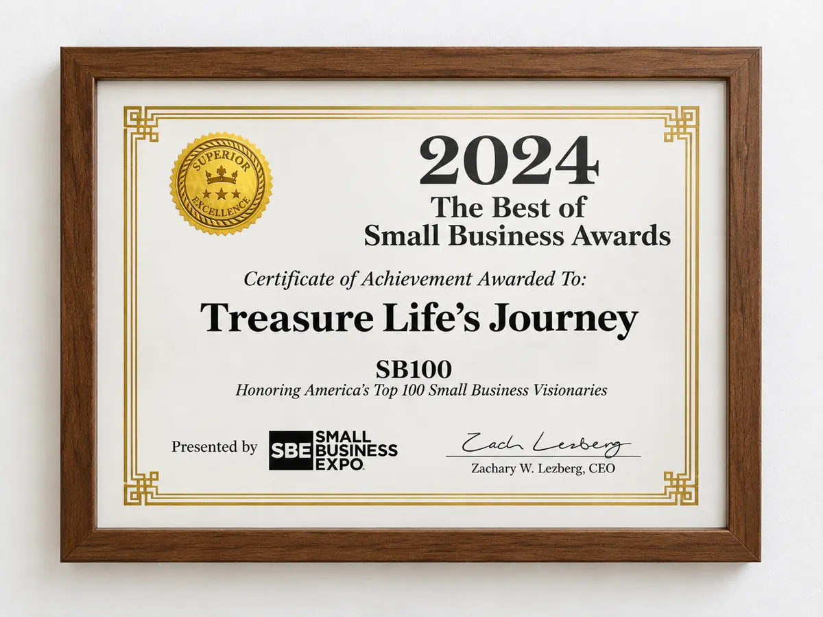 2024 The Best of Small Business Awards: Certificate of Achievement awarded to Treasure Life's Journey (SB100), presented by Small Business Expo, shown in a wooden frame