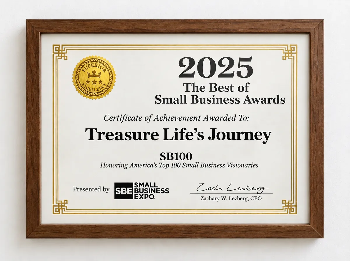 2025 The Best of Small Business Awards: Certificate of Achievement awarded to Treasure Life's Journey (SB100), presented by Small Business Expo, shown in a wooden frame