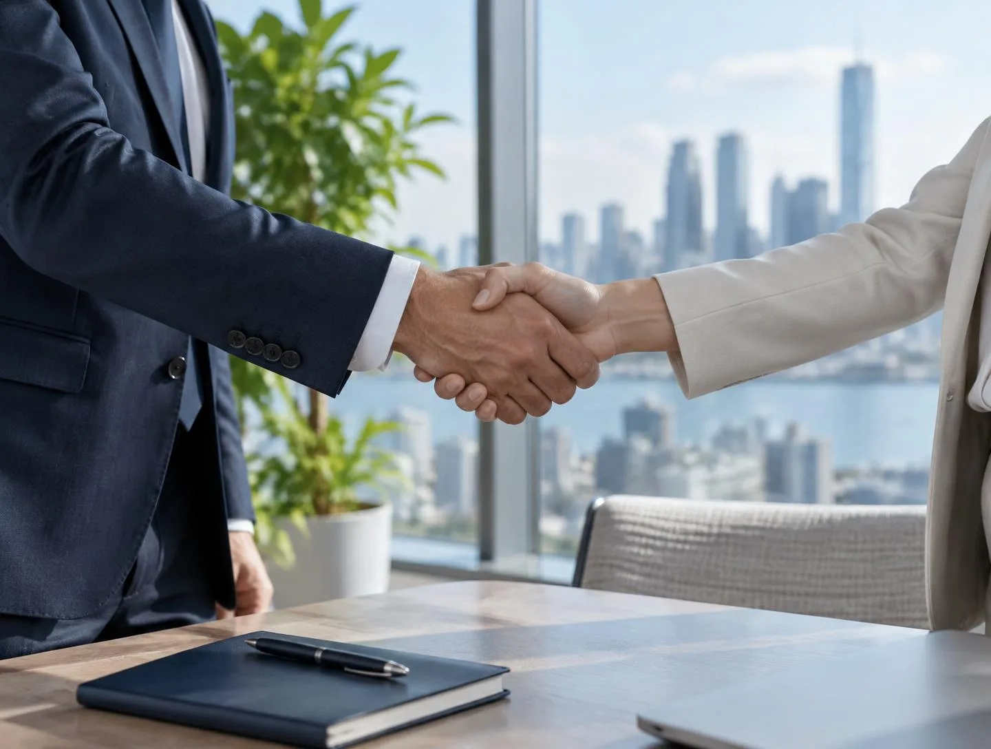 Business professionals shaking hands across a meeting table
